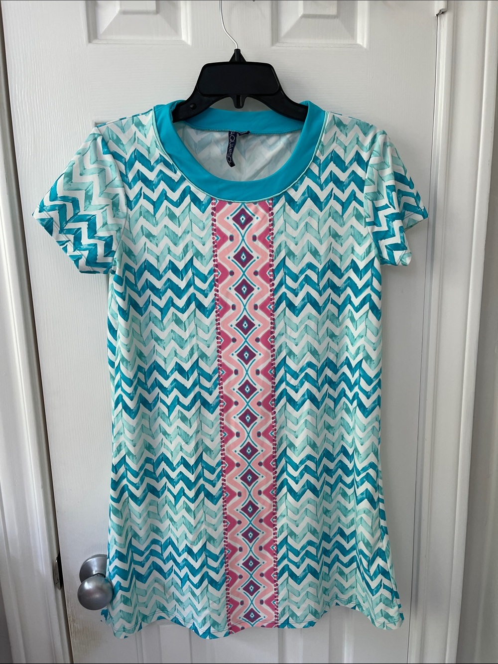 Aqua et Sol Turquoise Chevron and Pink Aztec Print Dress